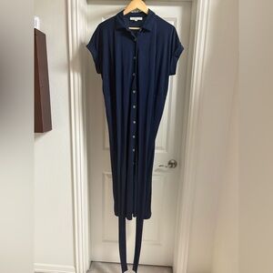 LOFT Tie Waist Shirt Dress | 14 Petite | Navy Blue